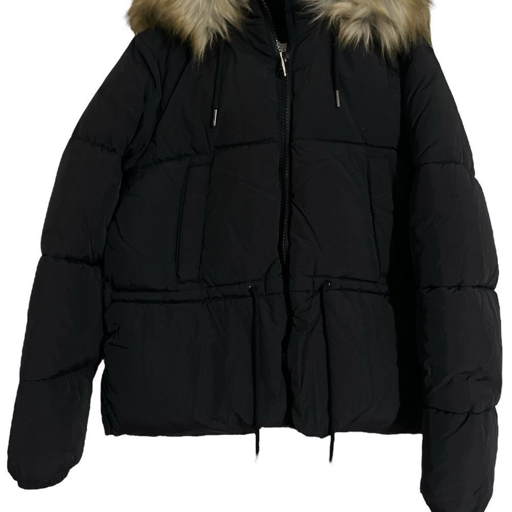 Topshop Black Puffer Jacket with Faux Fur Trim